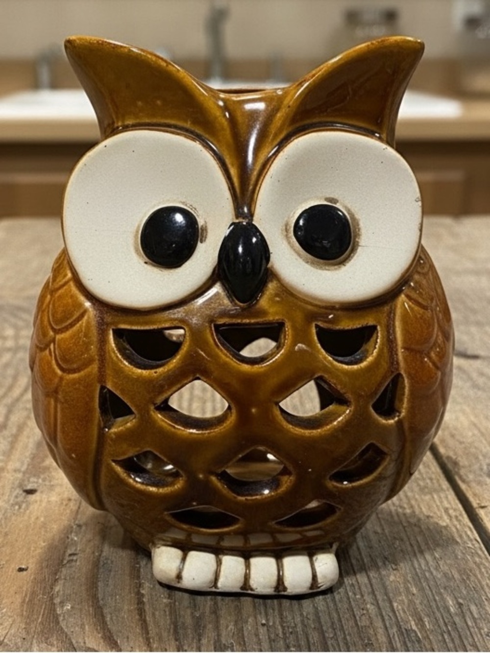 Vintage Ceramic owl candle holder 4 1/2" tall Brown Votive See Through MCM 1970s